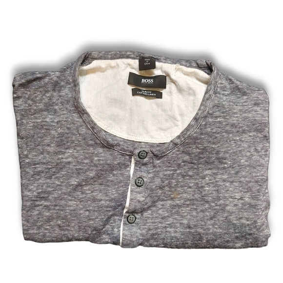 HUGO BOSS - Men's Gray Casual Button Neck Short Sleeve T-Shirt Cotton Linen - Picture 3 of 5